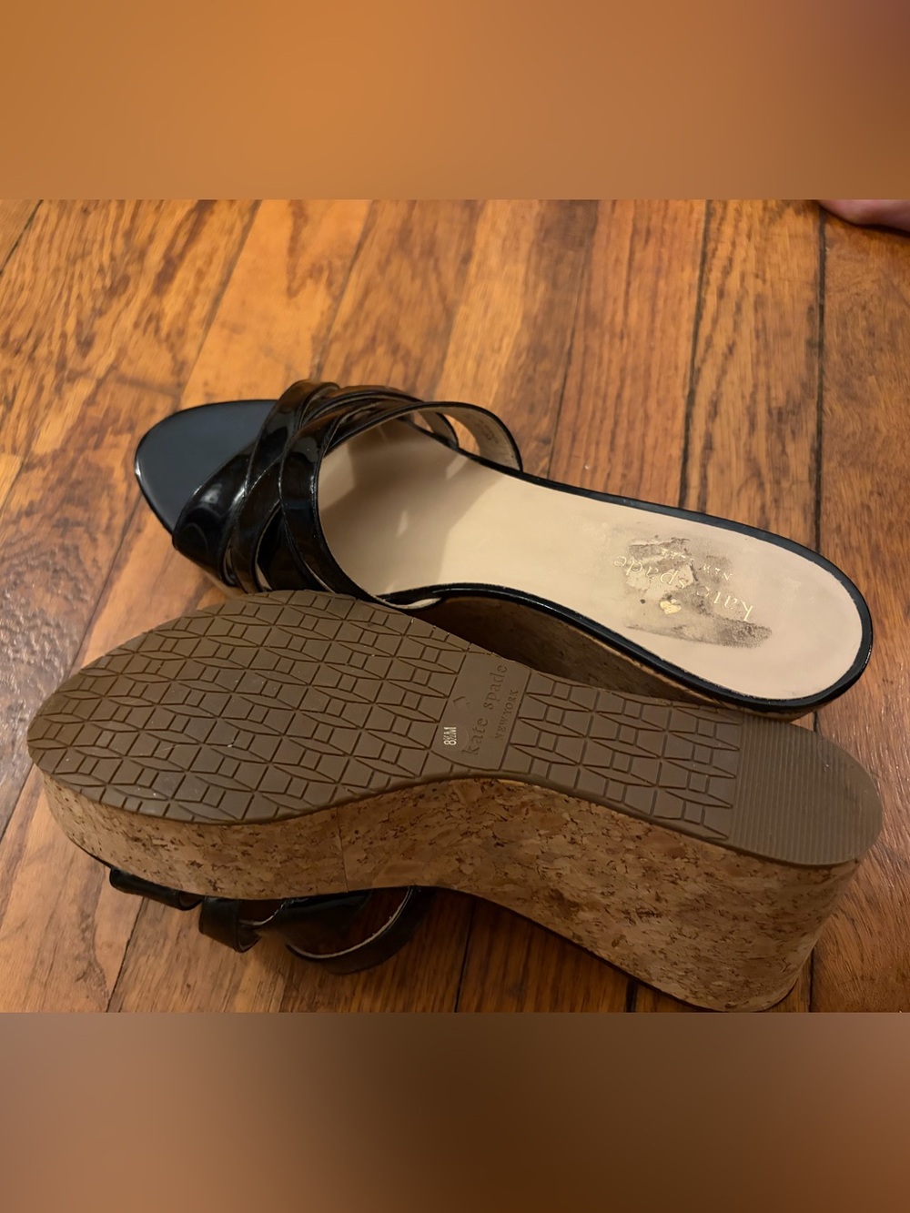 KATE SPADE Women’s Black Patent Cork Wedge slide Sandal 8.5 platform sexy! - Picture 12 of 17